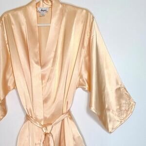 Vintage Josie Natori Satin Butter Yellow Robe L Old Hollywood Y2K 90s Coquette